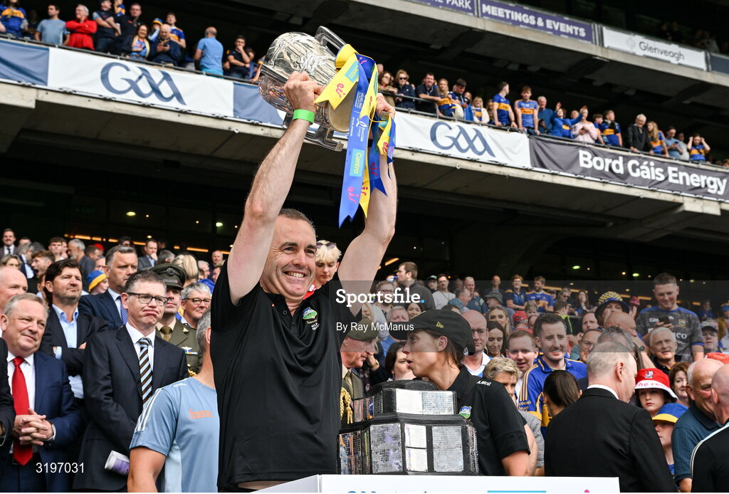 20 July 2025; Team Statistician Damien Young of Tipperary lifts the Liam MacCarthy Cup after the GAA Hurling All-Ireland Senior Championship final match between Cork and Tipperary at Croke Park in Dublin. Photo by Ray McManus/Sportsfile