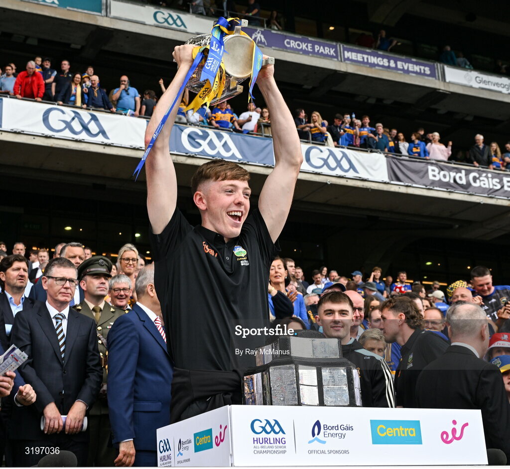 20 July 2025; Josh Keller of Tipperary lifts the Liam MacCarthy Cup after the GAA Hurling All-Ireland Senior Championship final match between Cork and Tipperary at Croke Park in Dublin. Photo by Ray McManus/Sportsfile