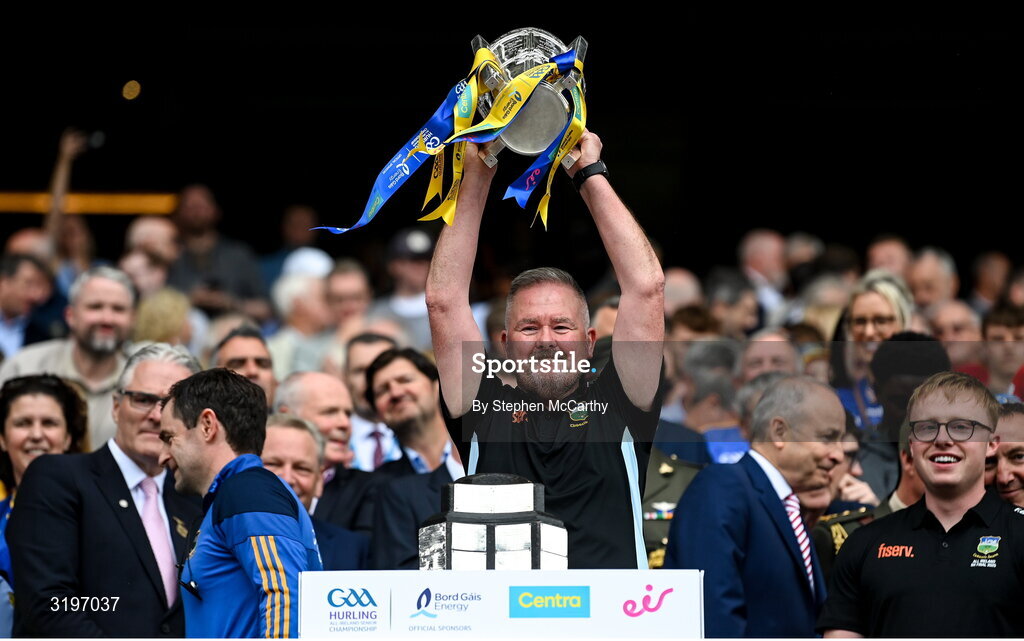 20 July 2025; John Durnan of Tipperary lifts the Liam MacCarthy Cup after the GAA Hurling All-Ireland Senior Championship final match between Cork and Tipperary at Croke Park in Dublin. Photo by Stephen McCarthy/Sportsfile