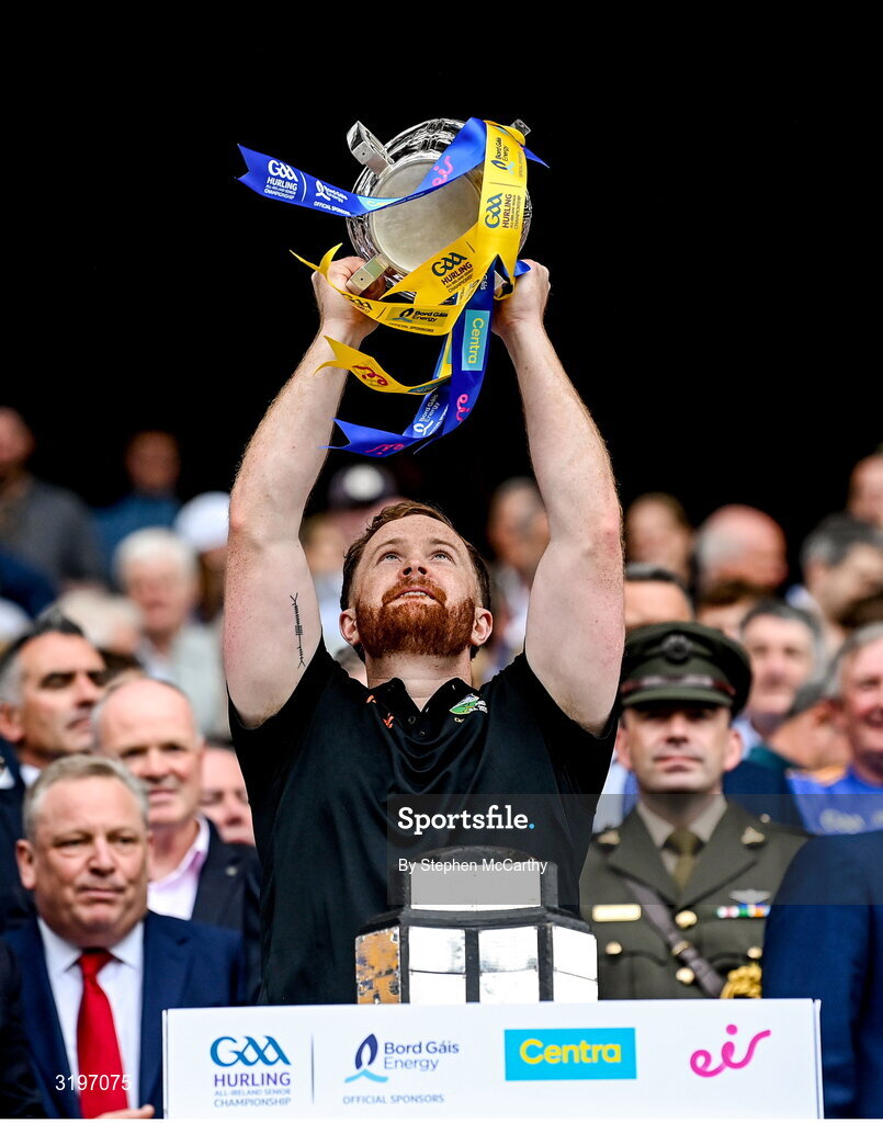 20 July 2025; Tipperary goalkeeping coach Shane Hennessy lifts the Liam MacCarthy cup after victory in the GAA Hurling All-Ireland Senior Championship final match between Cork and Tipperary at Croke Park in Dublin. Photo by Stephen McCarthy/Sportsfile