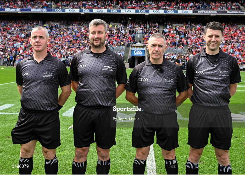 20 July 2025; Match referee Liam Gordon, second from right, with his officials Colm McDonald, left, Thomas Walsh and Seán Stack, right, before the GAA Hurling All-Ireland Senior Championship final match between Cork and Tipperary at Croke Park in Dublin. Photo by Ray McManus/Sportsfile