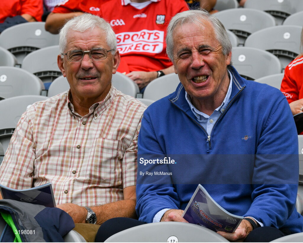 20 July 2025; Former Dublin footballers Bernard and Jim Brogan before the GAA Hurling All-Ireland Senior Championship final match between Cork and Tipperary at Croke Park in Dublin. Photo by Ray McManus/Sportsfile