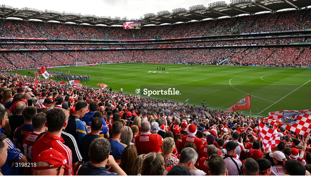 20 July 2025; The pre match parade before the GAA Hurling All-Ireland Senior Championship final match between Cork and Tipperary at Croke Park in Dublin. Photo by Ray McManus/Sportsfile