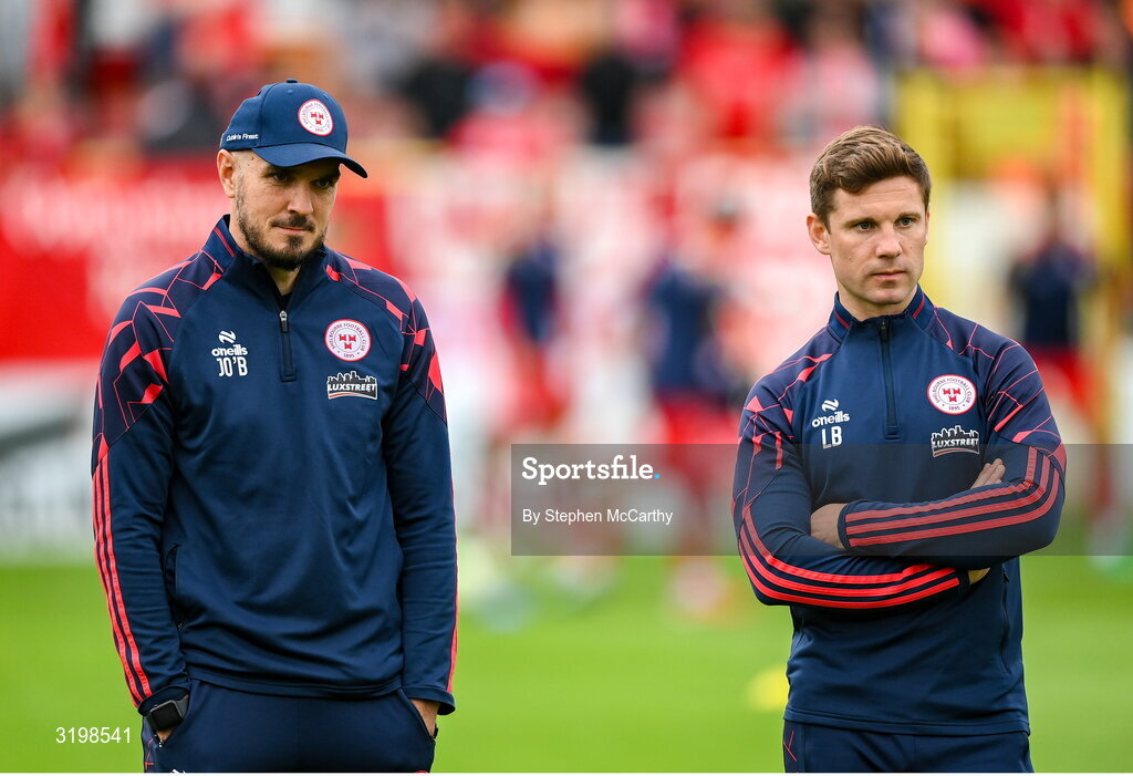 23 July 2025; Shelbourne head coach Joey O'Brien, left, and technical director Luke Byrne before the UEFA Champions League Second Qualifying Round first leg match between Shelbourne and Qarabag FK at Tolka Park in Dublin. Photo by Stephen McCarthy/Sportsfile