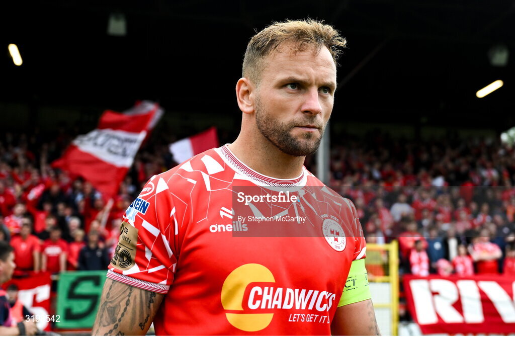 23 July 2025; Paddy Barrett of Shelbourne before the UEFA Champions League Second Qualifying Round first leg match between Shelbourne and Qarabag FK at Tolka Park in Dublin. Photo by Stephen McCarthy/Sportsfile