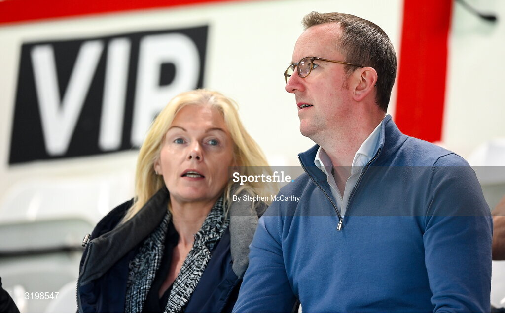 23 July 2025; FAI chief executive officer David Courell and FAI board member Caroline Rhatigan, left, before the UEFA Champions League Second Qualifying Round first leg match between Shelbourne and Qarabag FK at Tolka Park in Dublin. Photo by Stephen McCarthy/Sportsfile