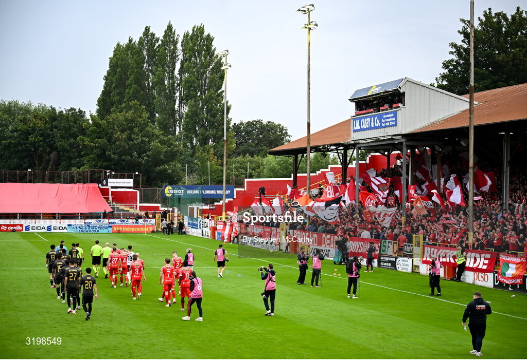23 July 2025; A general view of Tolka Park and the Riverside Terrace as the teams walk out for the UEFA Champions League Second Qualifying Round first leg match between Shelbourne and Qarabag FK at Tolka Park in Dublin. Photo by Stephen McCarthy/Sportsfile