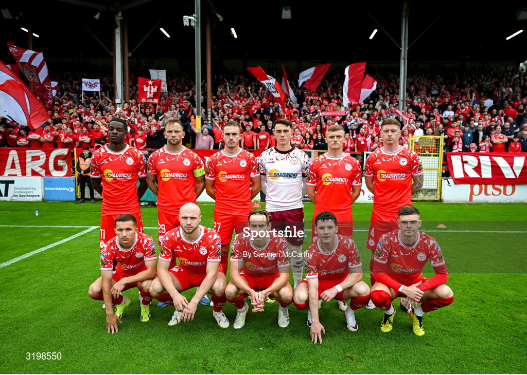 23 July 2025; The Shelbourne team, back row, from left, Mipo Odubeko, Paddy Barrett, Evan Caffrey, goalkeeper Lorcan Healy, JJ Lunney and Kameron Ledwidge, with, front row, Tyreke Wilson, Kerr McInroy, Harry Wood, Ali Coote and Sean Gannon before the UEFA Champions League Second Qualifying Round first leg match between Shelbourne and Qarabag FK at Tolka Park in Dublin. Photo by Stephen McCarthy/Sportsfile