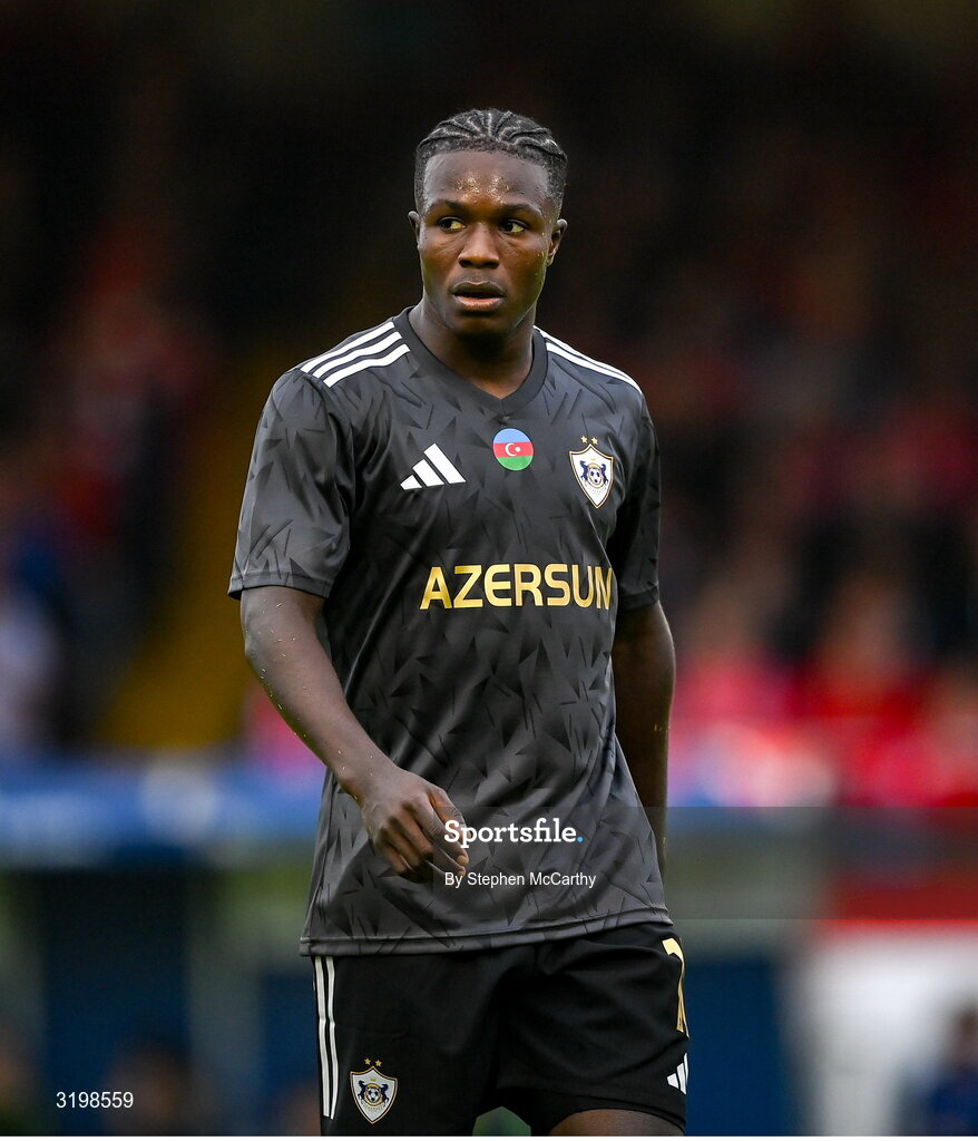 23 July 2025; Emmanuel Addai of Qarabag during the UEFA Champions League Second Qualifying Round first leg match between Shelbourne and Qarabag FK at Tolka Park in Dublin. Photo by Stephen McCarthy/Sportsfile