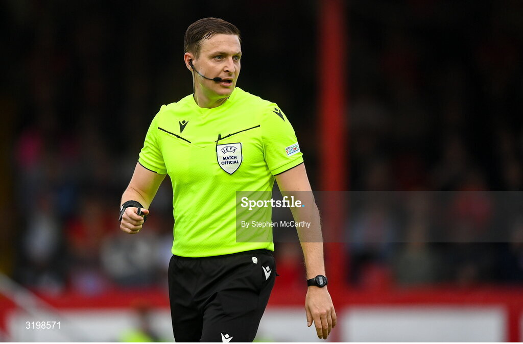 23 July 2025; Referee Ante Culina during the UEFA Champions League Second Qualifying Round first leg match between Shelbourne and Qarabag FK at Tolka Park in Dublin. Photo by Stephen McCarthy/Sportsfile