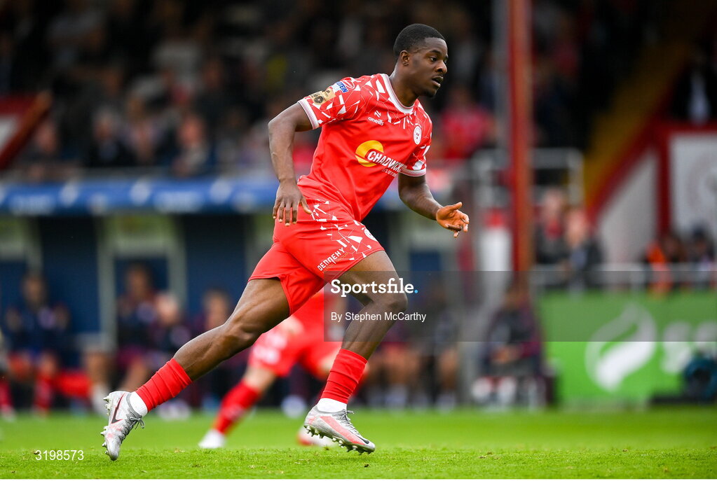 23 July 2025; Mipo Odubeko of Shelbourne during the UEFA Champions League Second Qualifying Round first leg match between Shelbourne and Qarabag FK at Tolka Park in Dublin. Photo by Stephen McCarthy/Sportsfile