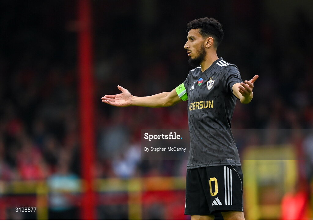 23 July 2025; Abdellah Zoubir of Qarabag during the UEFA Champions League Second Qualifying Round first leg match between Shelbourne and Qarabag FK at Tolka Park in Dublin. Photo by Stephen McCarthy/Sportsfile