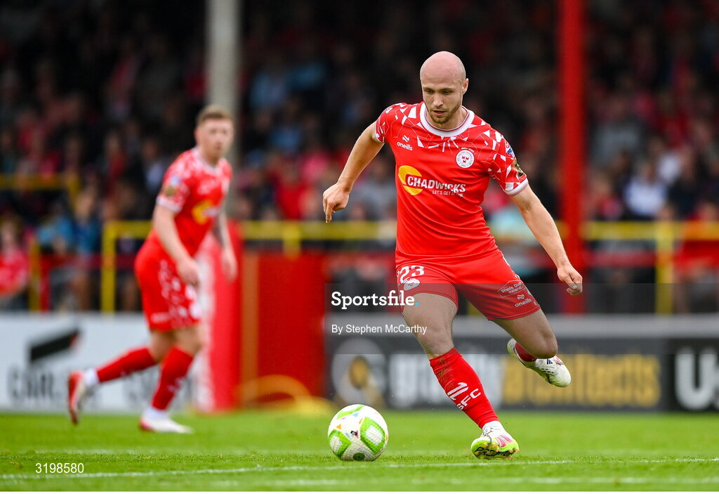 23 July 2025; Kerr McInroy of Shelbourne during the UEFA Champions League Second Qualifying Round first leg match between Shelbourne and Qarabag FK at Tolka Park in Dublin. Photo by Stephen McCarthy/Sportsfile