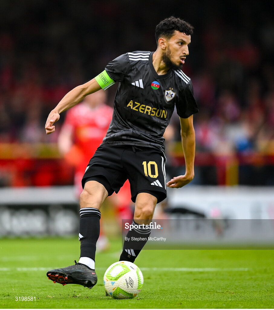 23 July 2025; Abdellah Zoubir of Qarabag during the UEFA Champions League Second Qualifying Round first leg match between Shelbourne and Qarabag FK at Tolka Park in Dublin. Photo by Stephen McCarthy/Sportsfile