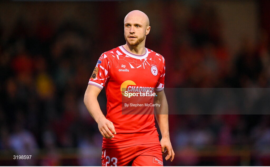 23 July 2025; Kerr McInroy of Shelbourne during the UEFA Champions League Second Qualifying Round first leg match between Shelbourne and Qarabag FK at Tolka Park in Dublin. Photo by Stephen McCarthy/Sportsfile