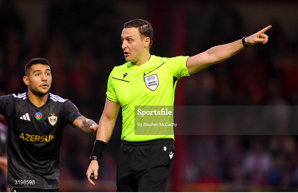 23 July 2025; Referee Ante Culina during the UEFA Champions League Second Qualifying Round first leg match between Shelbourne and Qarabag FK at Tolka Park in Dublin. Photo by Stephen McCarthy/Sportsfile