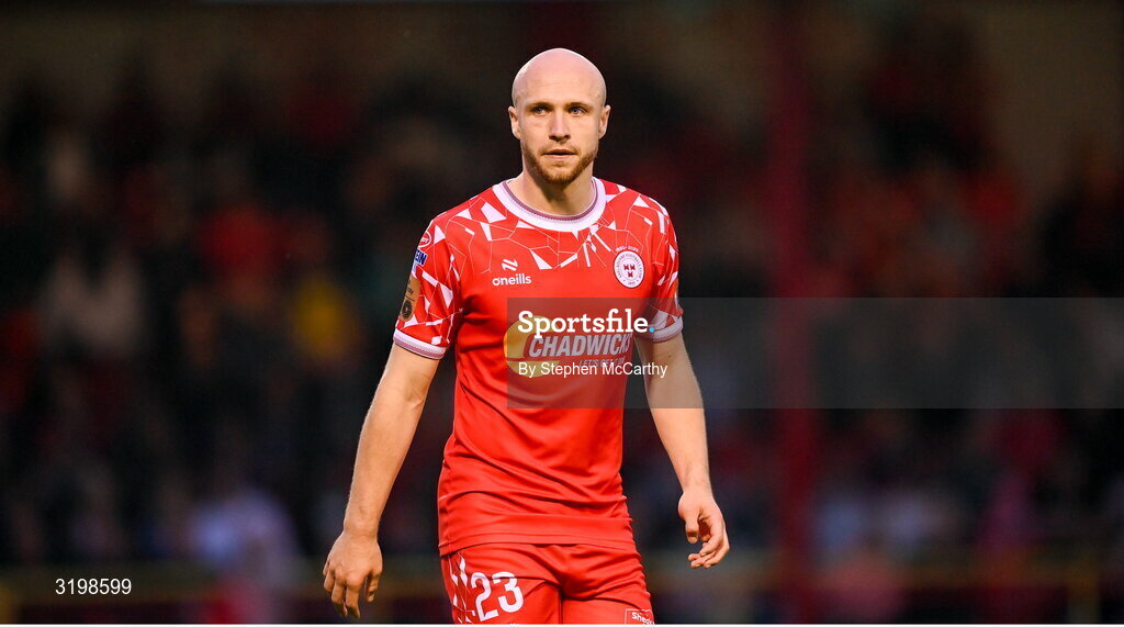 23 July 2025; Kerr McInroy of Shelbourne during the UEFA Champions League Second Qualifying Round first leg match between Shelbourne and Qarabag FK at Tolka Park in Dublin. Photo by Stephen McCarthy/Sportsfile