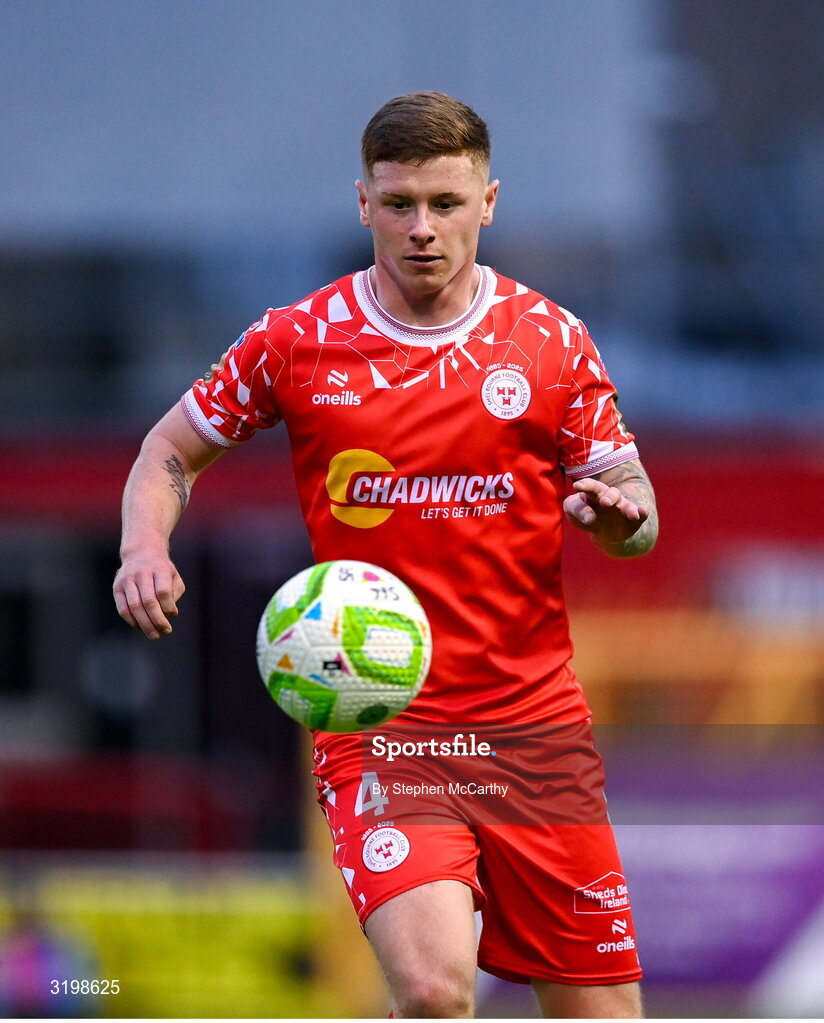 23 July 2025; Kameron Ledwidge of Shelbourne during the UEFA Champions League Second Qualifying Round first leg match between Shelbourne and Qarabag FK at Tolka Park in Dublin. Photo by Stephen McCarthy/Sportsfile
