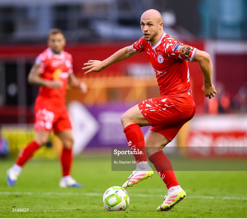 23 July 2025; Kerr McInroy of Shelbourne during the UEFA Champions League Second Qualifying Round first leg match between Shelbourne and Qarabag FK at Tolka Park in Dublin. Photo by Stephen McCarthy/Sportsfile