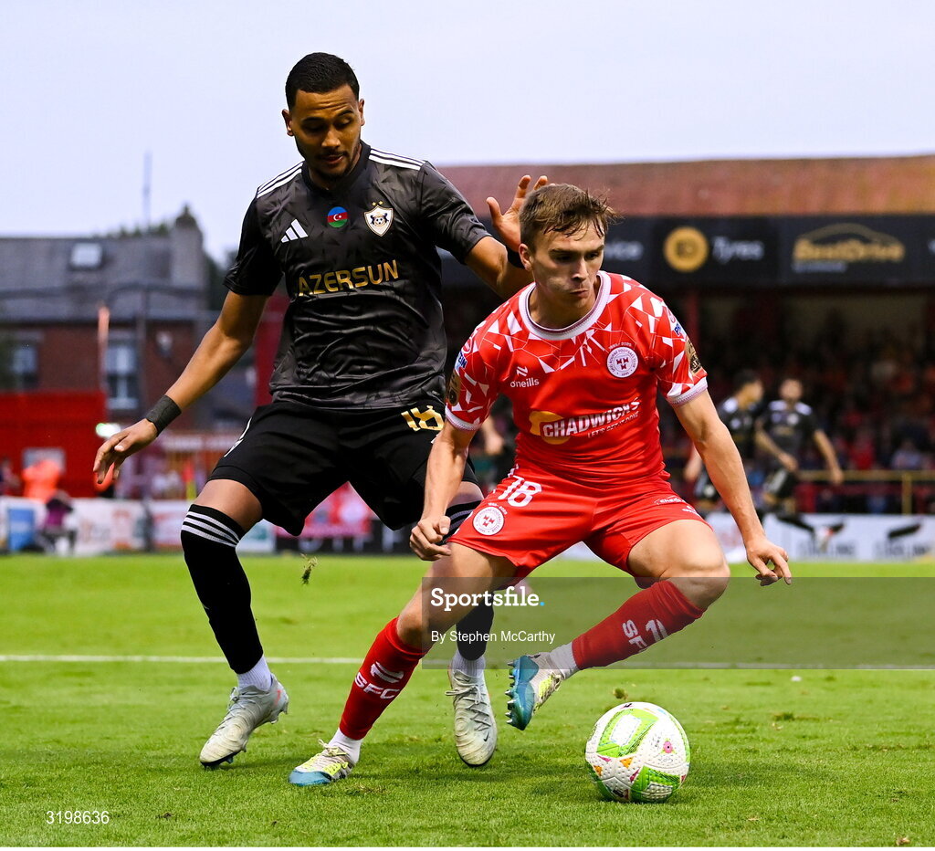 23 July 2025; James Norris of Shelbourne in action against Dani Bolt of Qarabag during the UEFA Champions League Second Qualifying Round first leg match between Shelbourne and Qarabag FK at Tolka Park in Dublin. Photo by Stephen McCarthy/Sportsfile