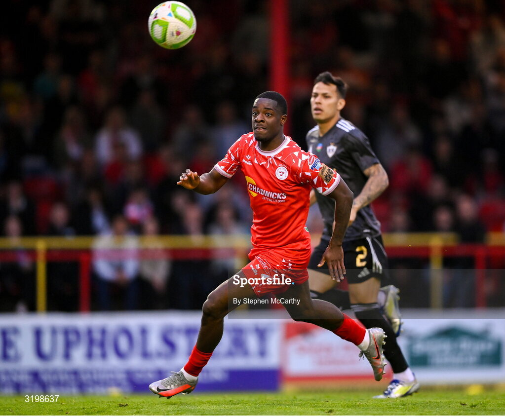 23 July 2025; Mipo Odubeko of Shelbourne during the UEFA Champions League Second Qualifying Round first leg match between Shelbourne and Qarabag FK at Tolka Park in Dublin. Photo by Stephen McCarthy/Sportsfile