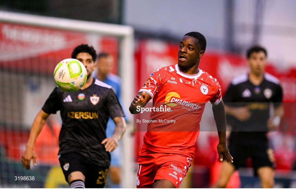 23 July 2025; Mipo Odubeko of Shelbourne during the UEFA Champions League Second Qualifying Round first leg match between Shelbourne and Qarabag FK at Tolka Park in Dublin. Photo by Stephen McCarthy/Sportsfile