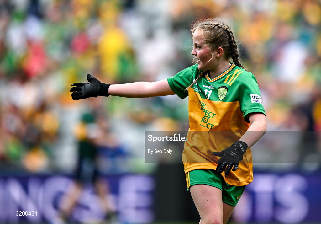 27 July 2025; Avril Gilmartin, St Brigid's NS, Drumcong, Leitrim, representing Donegal, during the GAA INTO Cumann na mBunscol Respect Exhibition Go Games at the GAA Football All-Ireland Senior Championship final match between Kerry and Donegal at Croke Park in Dublin. Photo by Seb Daly/Sportsfile