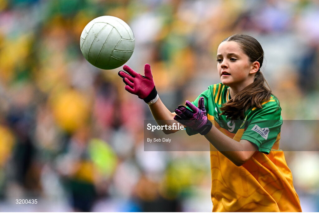 27 July 2025; Lara Waine, St Pius X GNS, Terenure, Dublin, representing Donegal, during the GAA INTO Cumann na mBunscol Respect Exhibition Go Games at the GAA Football All-Ireland Senior Championship final match between Kerry and Donegal at Croke Park in Dublin. Photo by Seb Daly/Sportsfile