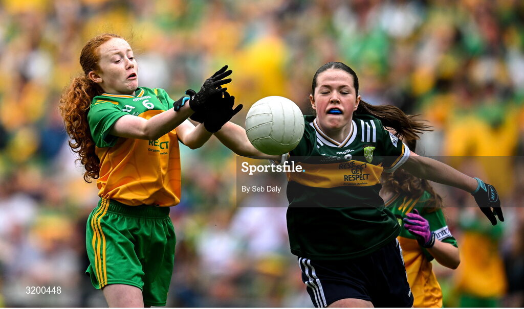 27 July 2025; Úna Kilkenny, St Mary's PS, Mullaghbawn, Armagh, representing Donegal, in action against Ella Roche, Moveen NS, Kilkee, Clare, representing Kerry, during the GAA INTO Cumann na mBunscol Respect Exhibition Go Games at the GAA Football All-Ireland Senior Championship final match between Kerry and Donegal at Croke Park in Dublin. Photo by Seb Daly/Sportsfile