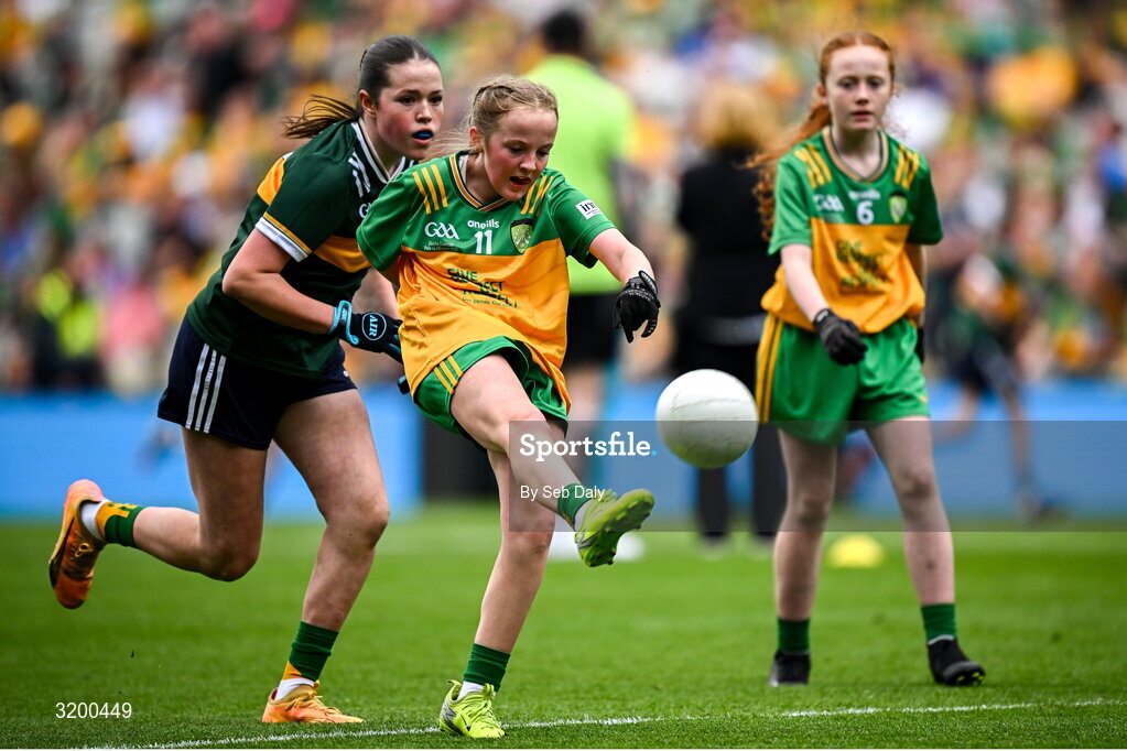 27 July 2025; Avril Gilmartin, St Brigid's NS, Drumcong, Leitrim, representing Donegal, during the GAA INTO Cumann na mBunscol Respect Exhibition Go Games at the GAA Football All-Ireland Senior Championship final match between Kerry and Donegal at Croke Park in Dublin. Photo by Seb Daly/Sportsfile