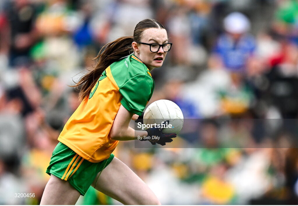 27 July 2025; Teegan Fahy, Clonberne NS, Clonberne, Galway, representing Donegal, during the GAA INTO Cumann na mBunscol Respect Exhibition Go Games at the GAA Football All-Ireland Senior Championship final match between Kerry and Donegal at Croke Park in Dublin. Photo by Seb Daly/Sportsfile