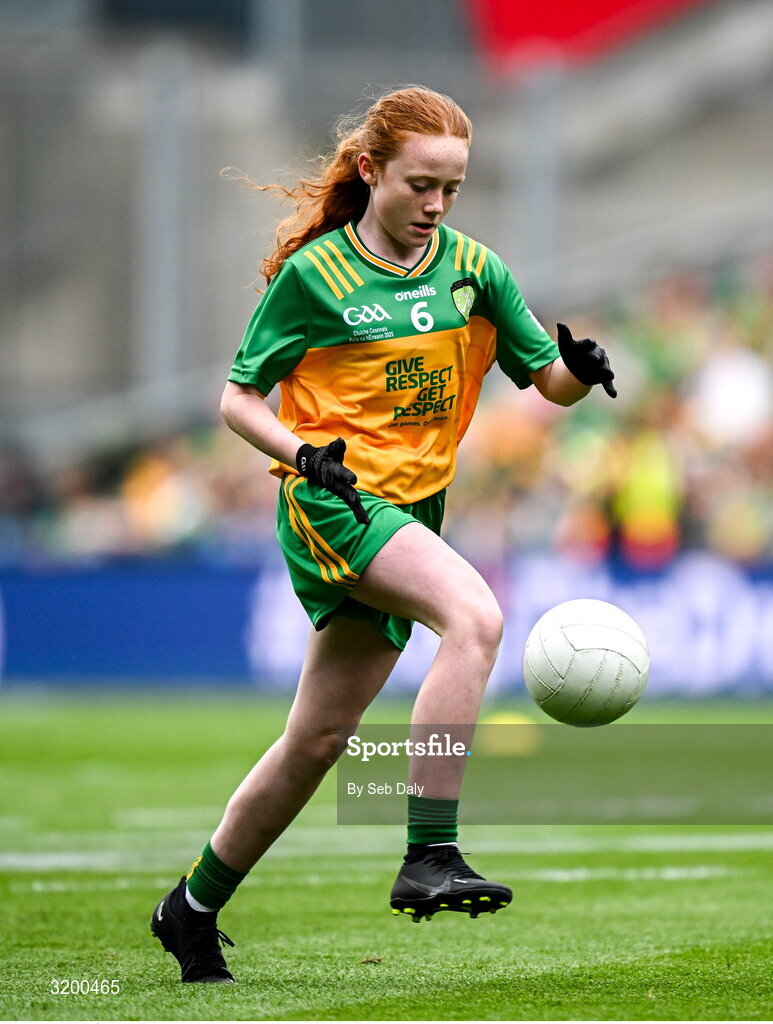 27 July 2025; Úna Kilkenny, St Mary's PS, Mullaghbawn, Armagh, representing Donegal, during the GAA INTO Cumann na mBunscol Respect Exhibition Go Games at the GAA Football All-Ireland Senior Championship final match between Kerry and Donegal at Croke Park in Dublin. Photo by Seb Daly/Sportsfile