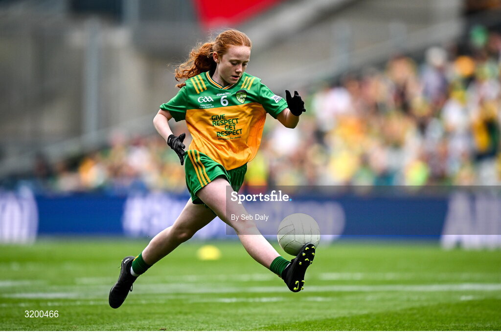 27 July 2025; Úna Kilkenny, St Mary's PS, Mullaghbawn, Armagh, representing Donegal, during the GAA INTO Cumann na mBunscol Respect Exhibition Go Games at the GAA Football All-Ireland Senior Championship final match between Kerry and Donegal at Croke Park in Dublin. Photo by Seb Daly/Sportsfile