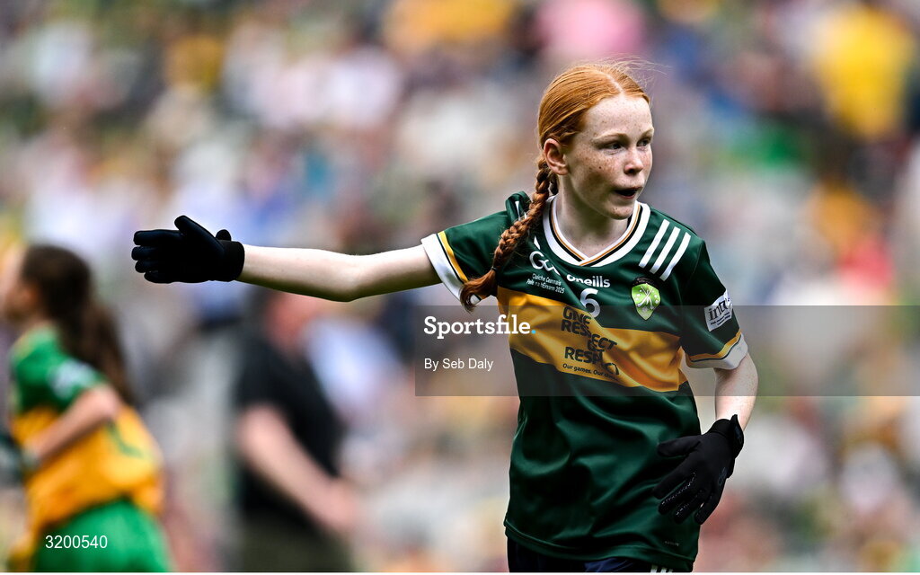27 July 2025; Niamh Fanning, St Laurence O'Toole's NS, Roundwood, Wicklow, representing Kerry, during the GAA INTO Cumann na mBunscol Respect Exhibition Go Games at the GAA Football All-Ireland Senior Championship final match between Kerry and Donegal at Croke Park in Dublin. Photo by Seb Daly/Sportsfile