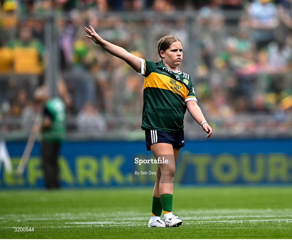 27 July 2025; Emmy Millea, St Aidan's NS, Kilmanagh, Kilkenny, representing Kerry, during the GAA INTO Cumann na mBunscol Respect Exhibition Go Games at the GAA Football All-Ireland Senior Championship final match between Kerry and Donegal at Croke Park in Dublin. Photo by Seb Daly/Sportsfile