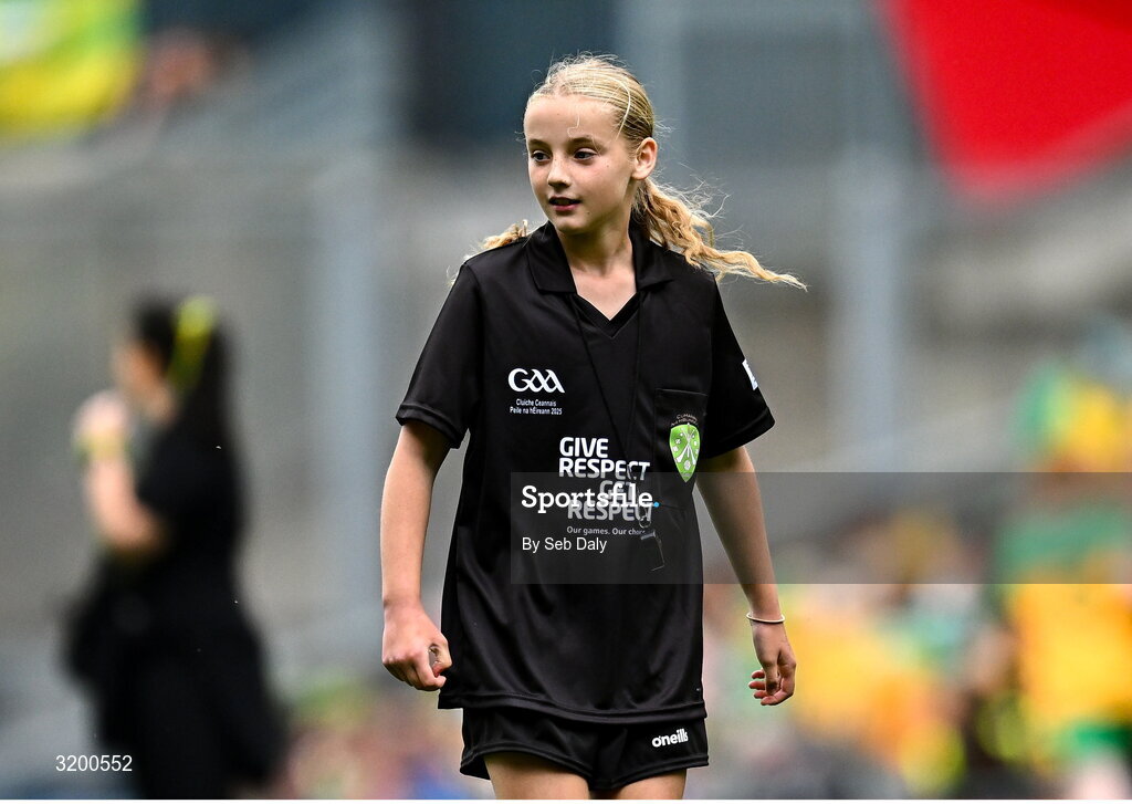 27 July 2025; Kate Ryan, St Brigid's GNS, Glasnevin, Dublin during the GAA INTO Cumann na mBunscol Respect Exhibition Go Games at the GAA Football All-Ireland Senior Championship final match between Kerry and Donegal at Croke Park in Dublin. Photo by Seb Daly/Sportsfile