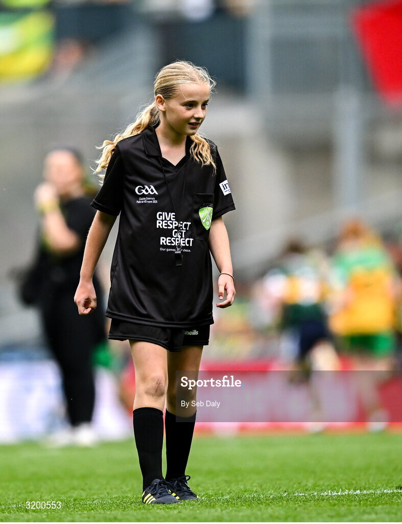 27 July 2025; Kate Ryan, St Brigid's GNS, Glasnevin, Dublin during the GAA INTO Cumann na mBunscol Respect Exhibition Go Games at the GAA Football All-Ireland Senior Championship final match between Kerry and Donegal at Croke Park in Dublin. Photo by Seb Daly/Sportsfile