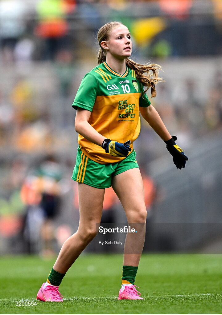 27 July 2025; Rebecca Farrell, St Patrick's NS, Castleknock, Dublin, representing Donegal, during the GAA INTO Cumann na mBunscol Respect Exhibition Go Games at the GAA Football All-Ireland Senior Championship final match between Kerry and Donegal at Croke Park in Dublin. Photo by Seb Daly/Sportsfile