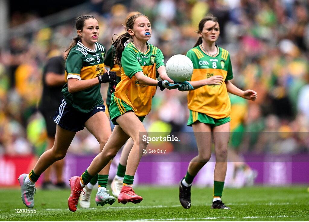 27 July 2025; Lucy Murphy, Breaffy NS, Breaffy, Mayo, representing Donegal, during the GAA INTO Cumann na mBunscol Respect Exhibition Go Games at the GAA Football All-Ireland Senior Championship final match between Kerry and Donegal at Croke Park in Dublin. Photo by Seb Daly/Sportsfile