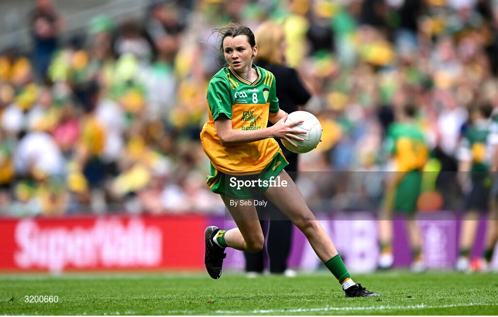 27 July 2025; Grainne Owens, St Matthew's PS, Castlewellan, Down, representing Donegal, during the GAA INTO Cumann na mBunscol Respect Exhibition Go Games at the GAA Football All-Ireland Senior Championship final match between Kerry and Donegal at Croke Park in Dublin. Photo by Seb Daly/Sportsfile
