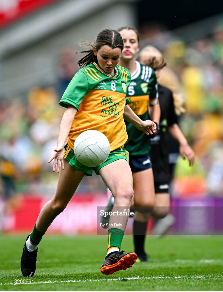 27 July 2025; Grainne Owens, St Matthew's PS, Castlewellan, Down, representing Donegal, during the GAA INTO Cumann na mBunscol Respect Exhibition Go Games at the GAA Football All-Ireland Senior Championship final match between Kerry and Donegal at Croke Park in Dublin. Photo by Seb Daly/Sportsfile