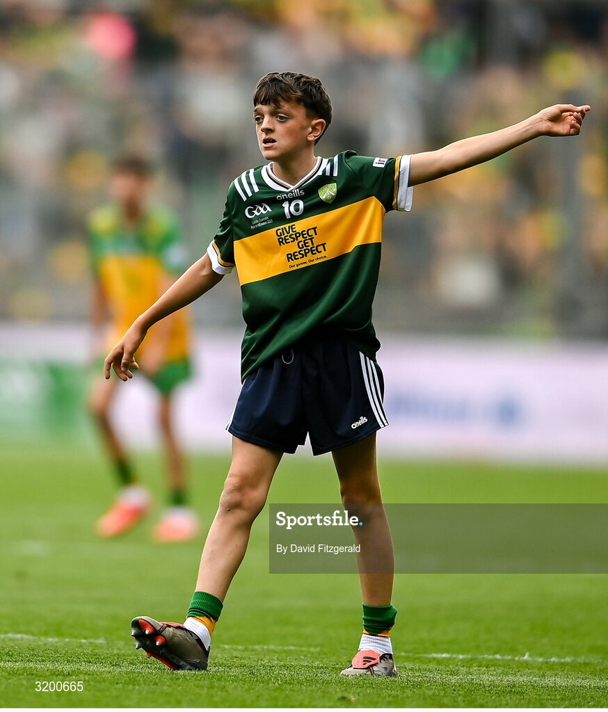27 July 2025; James O'Toole, Scoil Phádraig Naofa, Tullow, Carlow, representing Kerry during the GAA INTO Cumann na mBunscol Respect Exhibition Go Games at the GAA Football All-Ireland Senior Championship final match between Kerry and Donegal at Croke Park in Dublin. Photo by David Fitzgerald/Sportsfile