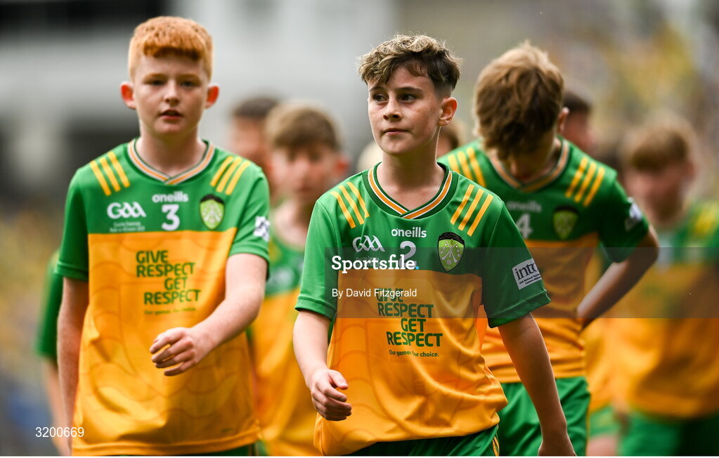 27 July 2025; Calum Clarke, Scoil Mhuire agus Iosaf, Collooney, Sligo, representing Donegal during the GAA INTO Cumann na mBunscol Respect Exhibition Go Games at the GAA Football All-Ireland Senior Championship final match between Kerry and Donegal at Croke Park in Dublin. Photo by David Fitzgerald/Sportsfile