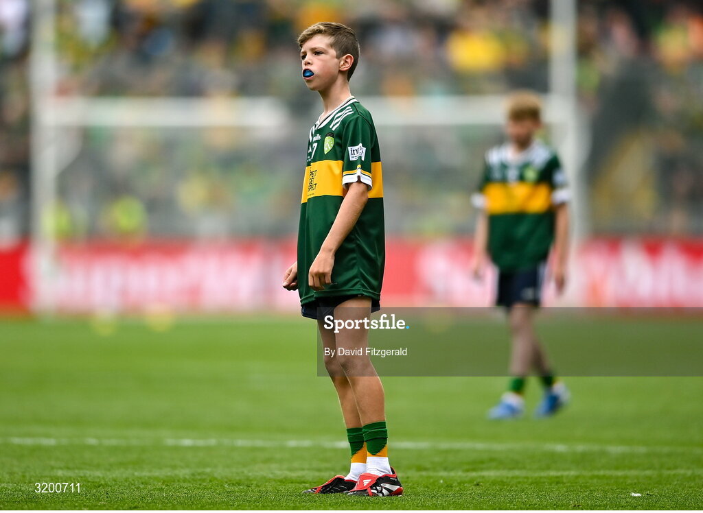 27 July 2025; Nicky Hayes, Murrintown NS, Murrintown, Wexford, representing Kerry during the GAA INTO Cumann na mBunscol Respect Exhibition Go Games at the GAA Football All-Ireland Senior Championship final match between Kerry and Donegal at Croke Park in Dublin. Photo by David Fitzgerald/Sportsfile