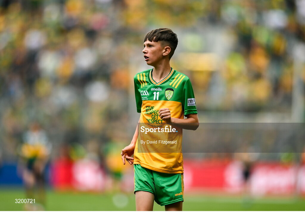 27 July 2025; Timmy Sheehan, Bishop Galvin NS, Templeogue, Dublin, representing Donegal during the GAA INTO Cumann na mBunscol Respect Exhibition Go Games at the GAA Football All-Ireland Senior Championship final match between Kerry and Donegal at Croke Park in Dublin. Photo by David Fitzgerald/Sportsfile