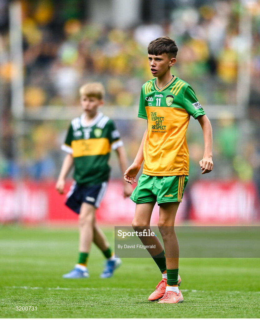 27 July 2025; Timmy Sheehan, Bishop Galvin NS, Templeogue, Dublin, representing Donegal during the GAA INTO Cumann na mBunscol Respect Exhibition Go Games at the GAA Football All-Ireland Senior Championship final match between Kerry and Donegal at Croke Park in Dublin. Photo by David Fitzgerald/Sportsfile
