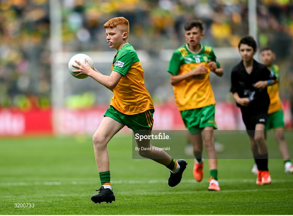 27 July 2025; Daithí Farrell, Scoil Bhríde, Fourmilehouse, Roscommon, representing Donegal during the GAA INTO Cumann na mBunscol Respect Exhibition Go Games at the GAA Football All-Ireland Senior Championship final match between Kerry and Donegal at Croke Park in Dublin. Photo by David Fitzgerald/Sportsfile