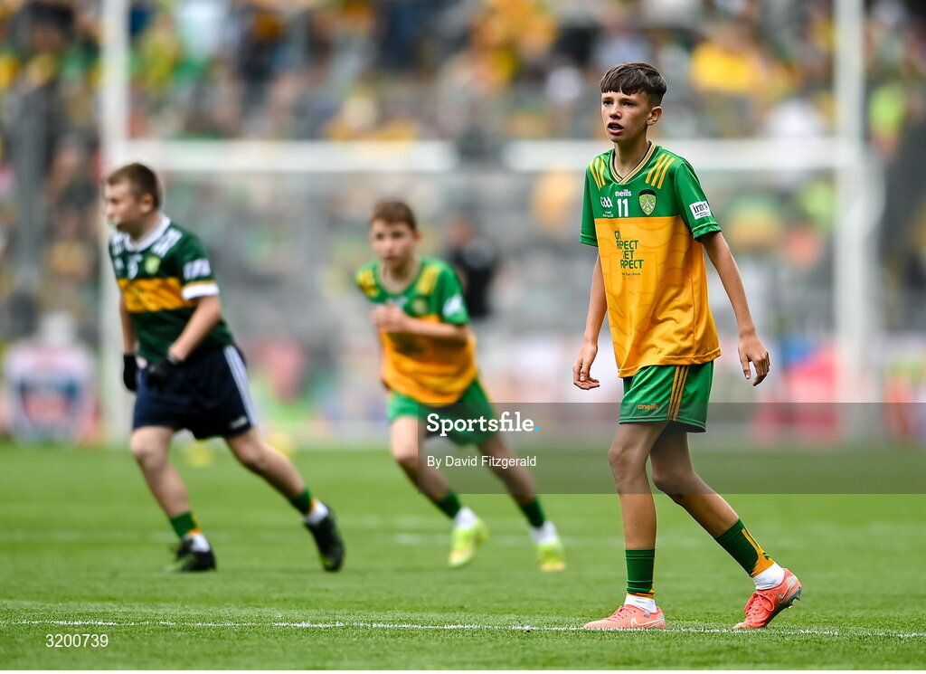 27 July 2025; Timmy Sheehan, Bishop Galvin NS, Templeogue, Dublin, representing Donegal during the GAA INTO Cumann na mBunscol Respect Exhibition Go Games at the GAA Football All-Ireland Senior Championship final match between Kerry and Donegal at Croke Park in Dublin. Photo by David Fitzgerald/Sportsfile