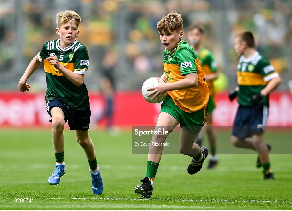 27 July 2025; Luke Mallon, St Patrick's PS, Maghera, Derry, representing Donegal during the GAA INTO Cumann na mBunscol Respect Exhibition Go Games at the GAA Football All-Ireland Senior Championship final match between Kerry and Donegal at Croke Park in Dublin. Photo by David Fitzgerald/Sportsfile