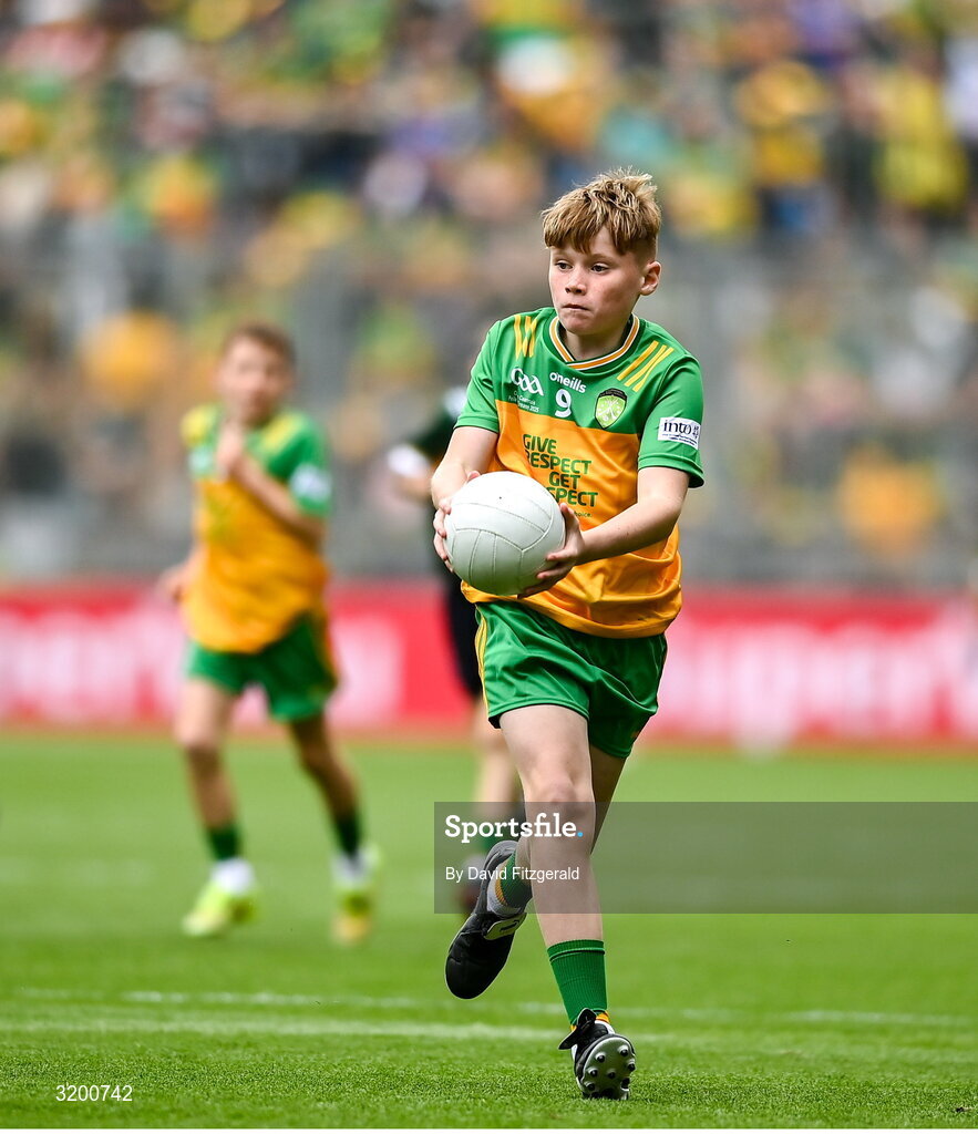 27 July 2025; Luke Mallon, St Patrick's PS, Maghera, Derry, representing Donegal during the GAA INTO Cumann na mBunscol Respect Exhibition Go Games at the GAA Football All-Ireland Senior Championship final match between Kerry and Donegal at Croke Park in Dublin. Photo by David Fitzgerald/Sportsfile